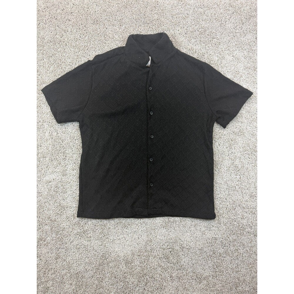 Denim & Flower Ricky Singh Mens L Black Textured Knit Short Sleeve Button Shirt
